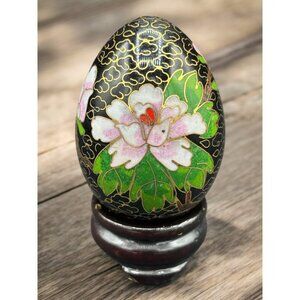 Vintage Chinese Cloisonne Egg on Wooden Base 2.5" Floral